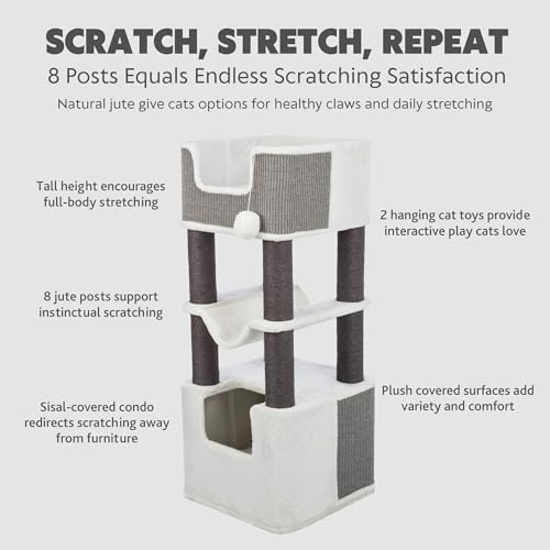 Trixie Lucano 43.3-in XXL Cat Tree, Indoor Cat Furniture with Jute Scratching Posts, Sisal and Plush Covered Condo, Dangling Interactive Toys, Gray - color: Gray, size: 43" Tall