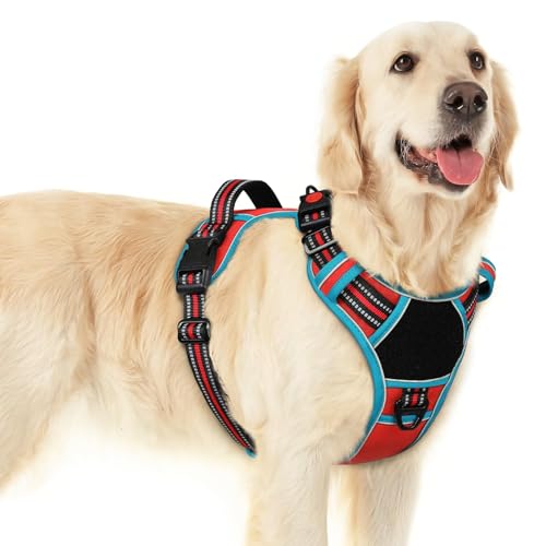 Dog Harness for Large Dogs, Easy Wearing with 3 Buckles, Adjustable No Pull Pet Harness with 2 Rings for Walking, No Chock Reflective Soft Padded Vest with Control Handle, Red & Teal, L - color: Red & Teal, size: Large