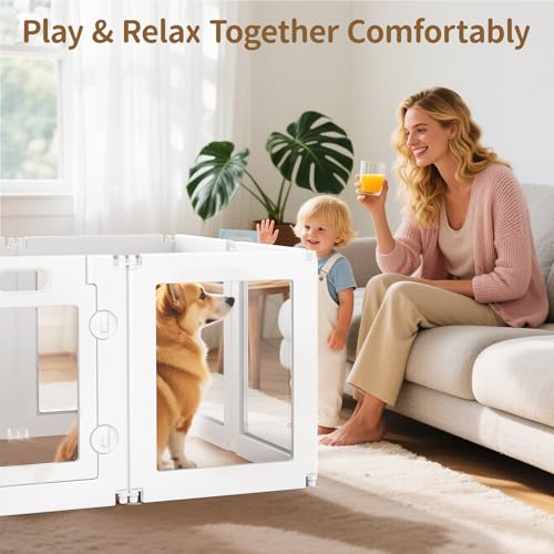 8Pcs Free Angle Plastic Dog Playpen, 23.6“ H All-in-One Assemble Playpen Divider, Durable Safety Play Pen Indoors, Puppy, Cat, Small Animal (White, 39.37" × 39.37" × 23.6")