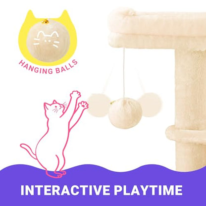 Allewie 29.5in Indoor Cat Tree, Multi-Level Cat Tower with Sisal Scratching Posts, Padded Perch, Basket, Condo, and Hanging Ball, Suitable for Kittens and Adult Felines,Beige - color: Beige