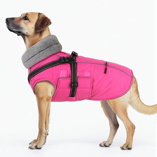 Dog Coat Medium, Built-in Harness Dog Jacket with Warm Fleece Lining, Waterproof Reflective Dogs Winter Coat, Pet Coats with Pocket and Trash Bags (Pink, Medium) - color: Pink, size: Medium
