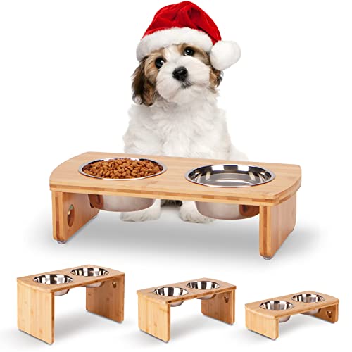 Elevated Dog Bowls, Bamboo Raised Dog Bowl for Small Dogs & Cats, with 2 Stainless Steel Bowls (4'' Tall-20oz Bowl) - color: Natural, size: Small: 4'' Tall-20oz Bowl