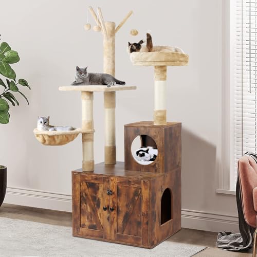 Timberer Cat Tree Tower with Litter Box Enclosure, 2-in-1 Wooden Cat Condo with Sisal Scratching Post, Hammock, Brown - color: Brown
