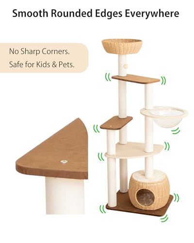 Modern Cat Tree for Large Cat, 57-Inch Tall Cat Tower with Scratching Post for Indoor Cats, Multi-Level Cat Condo with Hand-Woven Cat Bed and Acrylic Bowl (White 81007DD) - color: Brown 81007D
