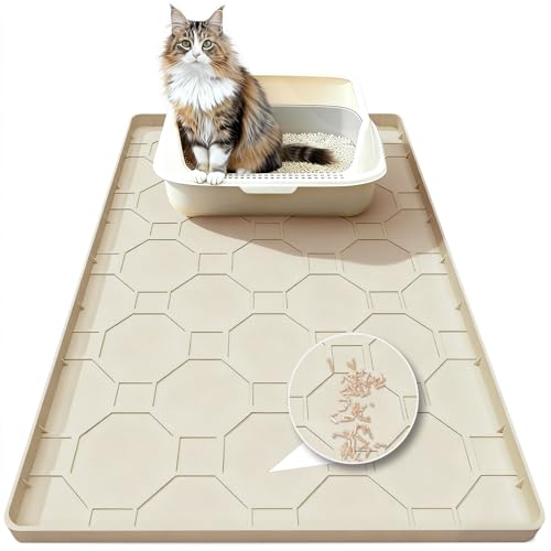 Silicone Cat Litter Mat, 34“ x 22” Waterproof Cat Litter Mats for Floors, Raised Edges Prevent Leaks and Make Cleaning Easy (Beige) - color: Beige, size: 34" X 22"