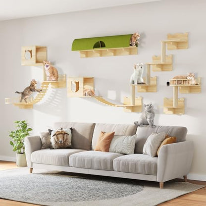 Cat Shelves for Wall, 18-in-1 Solid Wood Wall Mounted Cat Wall Shelves with Tunnel, Scratching Post, Steps & Bridge Ladder, Multi-Level Cat Climbing System, Space Saving, Floating Cat Shelves - color: Burlywood, size: 18-in-1