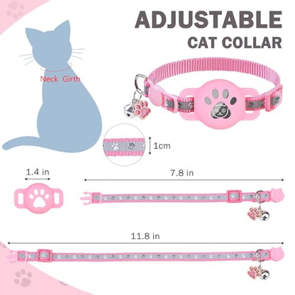 SCENEREAL Airtag Cat Collar Breakaway, Reflective Pink Cat Collar Airtag, GPS Cute Cat Collar with Bells and Apple Air Tag Holder, Glow in The Dark Pet Collars for Boy Girl Cats, Kittens, Puppies