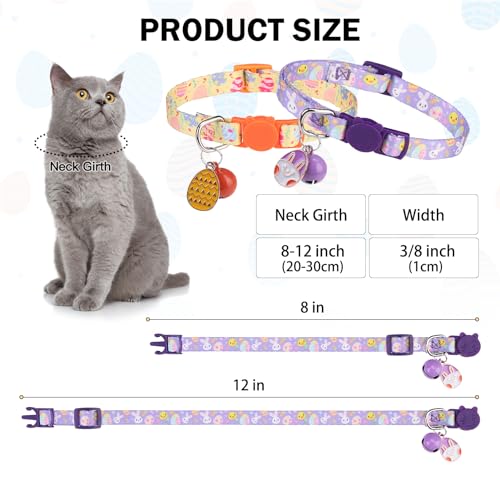 Breakaway Cat Collars for Girl Boy Cats, Spring Summer All Weather Cat Collar Personalized Pattern 2 Pack,Cute Classic Safety Buckles and Bells,Adjustable Printed Nylon Colorful Kitten Collar - color: Easter