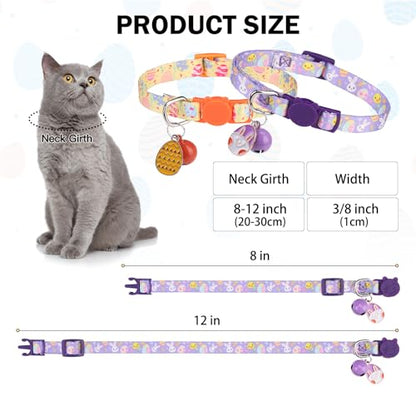 Breakaway Cat Collars for Girl Boy Cats, Spring Summer All Weather Cat Collar Personalized Pattern 2 Pack,Cute Classic Safety Buckles and Bells,Adjustable Printed Nylon Colorful Kitten Collar - color: Easter