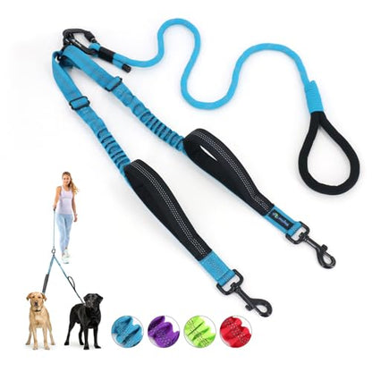 Double Dog Leash No Tangle – Dual Dog Leash for 2 Dogs with Shock Absorbing Bungee, 360° Swivel, Reflective Safety, Heavy Duty for Medium & Large Dogs (Bright Blue) - color: Bright Blue