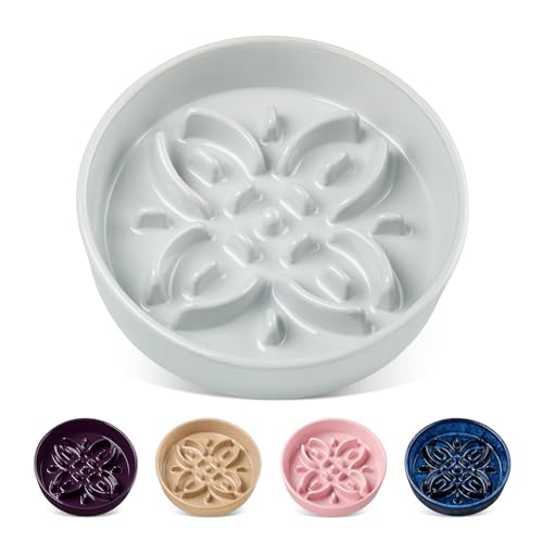 vancasso Ceramic Slow Feeder Dog Bowls, Puzzle Dog Food Bowls with Floral Maze, Anti -Slip Pet Food Dish for Small Breed, 0.6 Cups, Grayish Cyan - color: Grayish Cyan, size: S-0.6 Cups