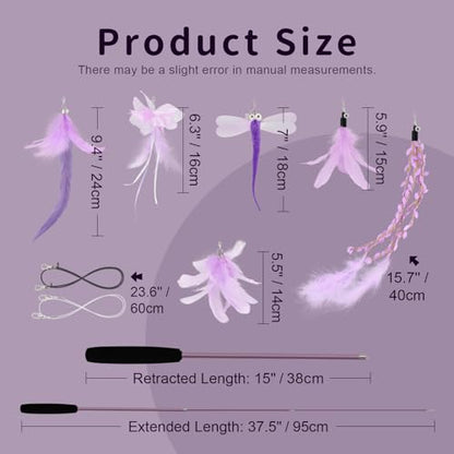 Cat Wand Toys for Indoor Cats - Cat Toy Set with Retractable Teaser Wand and 6 PCS Fairy Feather Toy Refills, Dragonfly Tassel Cat Toys Interactive, Purple - color: Purple