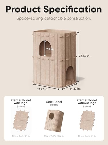 FUKUMARU Cat House for Indoor Cats, 23.62 Inch Large Cat Bed Cave Condo, 2-Storey Cozy Felt Covered Cats Tunnel Kitten Hideaway for Multicats, Scratch Resistant, Beige