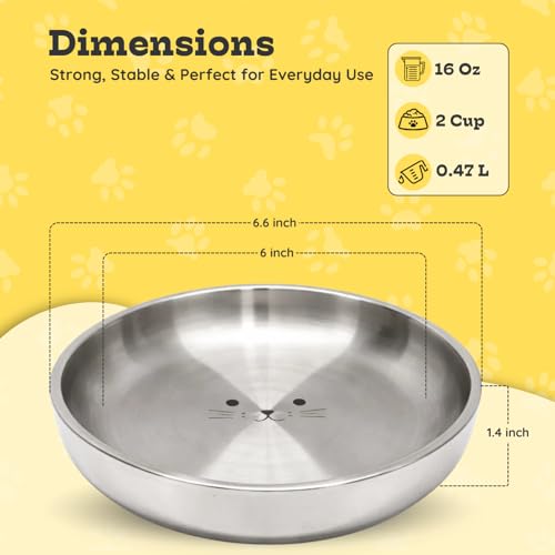 Stainless Steel Cat Food Bowl, 16 oz / 2 Cup Each, Heavy Duty Double Wall Insulated, Shallow Whisker-Friendly Design, Non-Slip Flat Base Dish for Cats & Kittens, D/W Safe Pack of 2