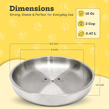 Stainless Steel Cat Food Bowl, 16 oz / 2 Cup Each, Heavy Duty Double Wall Insulated, Shallow Whisker-Friendly Design, Non-Slip Flat Base Dish for Cats & Kittens, D/W Safe Pack of 2