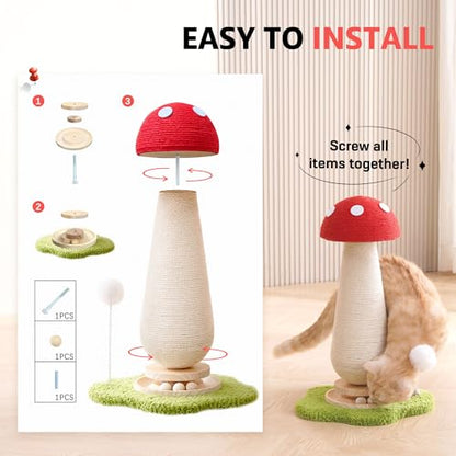 Mushroom Cat Scratching Post Cat Tree, 21.5‘’ H Cute Cat Scratcher Tower with Durable Solid Wood Turntable Toy, Mushroom Scratch Post Cat Sisal Scratcher with Catnip for Indoor Adult Cats - color: Mushroom