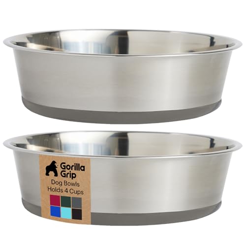 GORILLA GRIP Dog Bowls, Food Grade 304 Stainless Steel, Holds 4 Cups Each (32 fl oz) Food and Water Bowl for Feeding Dogs and Cats, Dishwasher Safe, Rust Resistant, BPA Free Rubber Base Set of 2 Gray - color: Gray, size: 4 Cup (32 Oz)