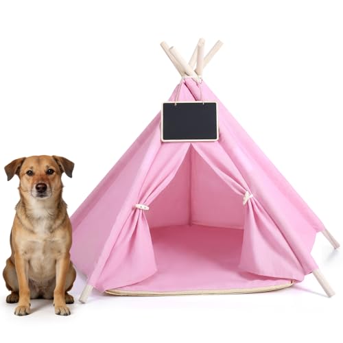 Dog & Cat Teepee Tents Indoor Pet Teepee Bed with Thick Cushion Portable Dog Houses Pink Cat Tents for Puppy & Pet(M: 20 x 20 x 24.8 Inch) - size: M: 20 x 20 x 24.8 Inch