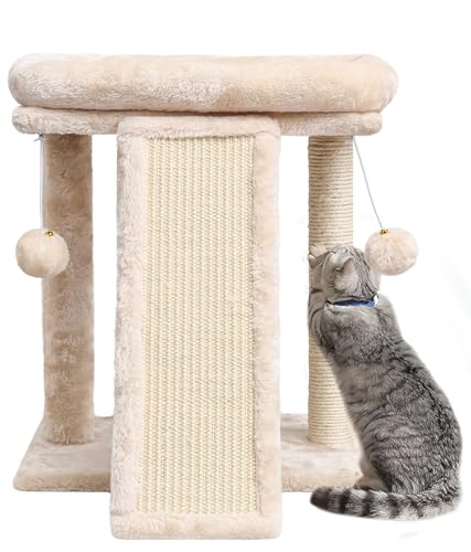 SYANDLVY Small Cat Tree with Scratching Post, Cat Scratching Board with Perch, Cat Post Scratcher for Indoor Cats, 2 Dangling Balls Great for Kittens (Beige) - color: Beige