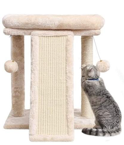 SYANDLVY Small Cat Tree with Scratching Post, Cat Scratching Board with Perch, Cat Post Scratcher for Indoor Cats, 2 Dangling Balls Great for Kittens (Beige) - color: Beige