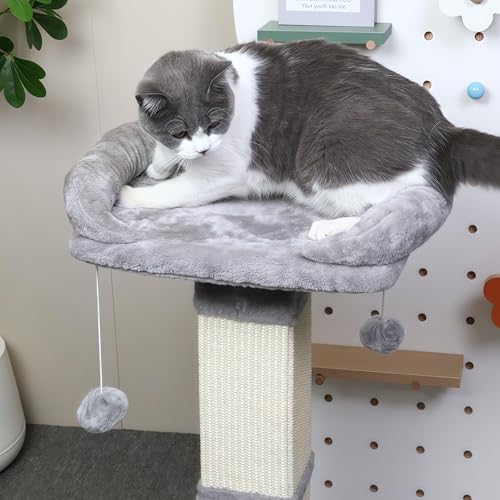 34" Tall Cat Scratching Post with Bed, Sisal Scratch Posts Trees with Plush Perch and Hanging Ball for Indoor Cats, Removable Cover, Large Scratch Post and Base, Rugged and Durable, Light Grey - color: Light grey