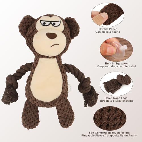 Dog Toys, Dog Squeaker Toys with Crinkle Paper, Stuffed Animal Dog Plush Chewing Toy, Cotton Rope Interactive Toys for Puppy, Small, Middle Dogs (Brown Monkey) - color: Brown