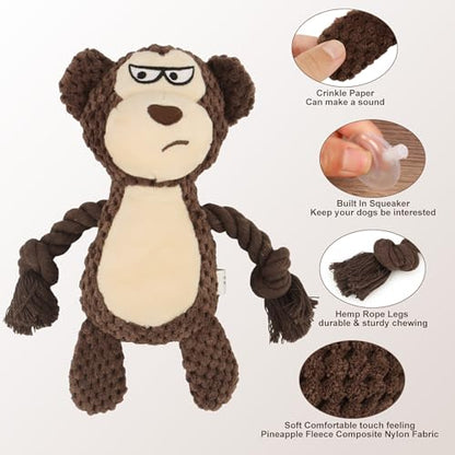 Dog Toys, Dog Squeaker Toys with Crinkle Paper, Stuffed Animal Dog Plush Chewing Toy, Cotton Rope Interactive Toys for Puppy, Small, Middle Dogs (Brown Monkey) - color: Brown