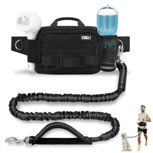 Hands Free Dog Leash with Zipper Pouch, Waist Belt for Large Medium Dogs for Running, Walking, Jogging and Hiking, Dual Padded Handles and Durable Bungee - Black (1 Dog Black) - color: 1 Dog Black