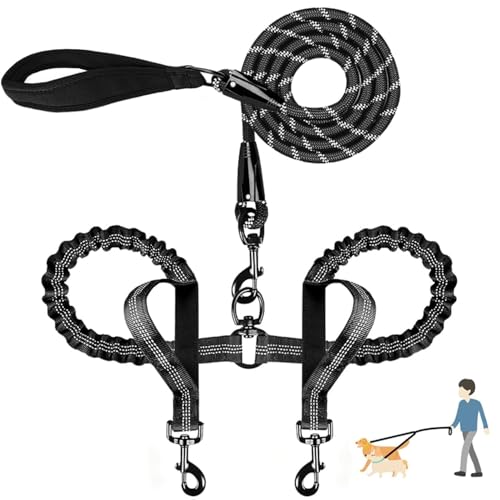 Durable Double Dog Leash Two Dog Leash No Tangle with Padded Handles & Reflective Strips for Medium Large Dogs, Comfortable Shock Absorbing Bungee for Two Dogs 18~120 Lbs - color: Black