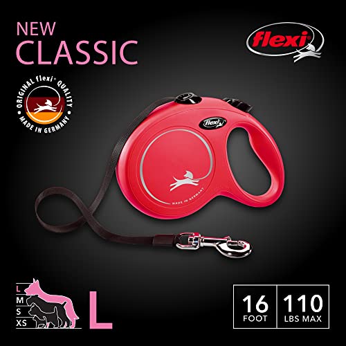 FLEXI New Classic Tape Retractable Dog Leash for Large Dogs Upto 110 lbs. – 16 ft., Red | Tangle Free Pet Walking Leash with One-Handed Brake, Pause, Lock|German Quality Product - color: Red, size: Large - 16 Feet (Tape)