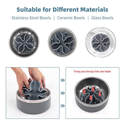 Jaoul Slow Feeder Dog Bowls Insert, Puzzle Slow Feeder Insert with 21 Octopus Suction Cups for Small Breed Dog Food Bowls (4 inch, Grey) - color: Grey, size: Small(4inch)