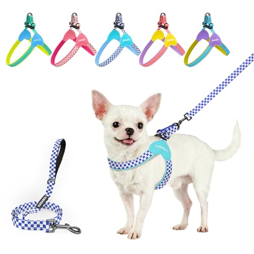 Kazazoo No Pull Small Dog Harness and Leash Set, Adjustable Puppy Soft Vest Harness with Breathable Mesh Padded, Reflective Lightweight Harness with Buckle for Extra Small Medium Dogs, Blue Plaid XS - color: Blue Plaid, size: XS