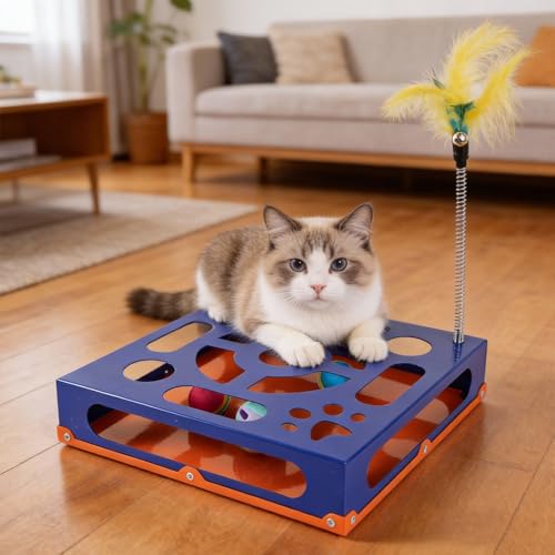2026 New Metal Cat Scratch Puzzle Enrichment Box,cat Puzzle, 1 Spring-Loaded Colorful Feather Stick with a Bell,No Assembly Required, All Cats Indoor Play Toy - color: Klein Blue
