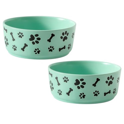 UBEE Ceramic Dog Bowl Set of 2, 5.5 inch Dog Food Bowl Dish with Bone Paw Pattern, Pet Food Water Dish Feeding Plates for Small Dogs, Puppy and Cat, Green - color: Green-dog paw, size: 5.5 inch x 2