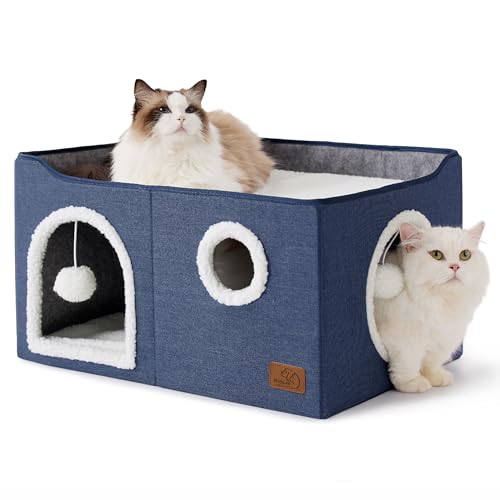 Bedsure Large Cat Beds for Indoor Cats - Extra Wide Cat Cube House for Small Pet with Fluffy Ball Hanging and Scratch Pad, Foldable Pet Cave Hideaway for Multiple Cats, 23.6x16.9x13 inches, Blue - color: Blue, size: Widen