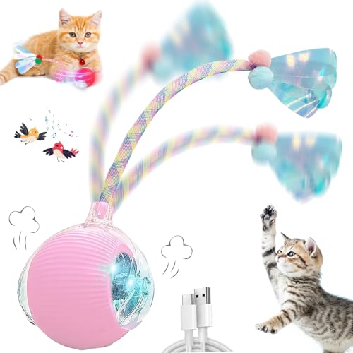 Speedy 2.0 Tail Interactive Cat Toys for Indoor Cats, Automatic Cat Toy with Elastic Mesh Tail, Electric Rolling Ball on Carpet, Chirping and Motion Activate Cat - color: Pink