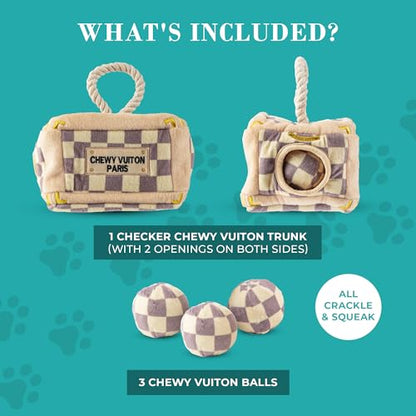 Haute Diggity Dog Chewy Vuiton Trunk Puzzle with 3 Plush Squeaky Dog Toys, Soft Durable Designer-Inspired Stuffed Puppy Chew Toys for Small & Medium Dogs, Machine-Washable (Tan Checker) One Size - color: Brown Trunk, size: One Size