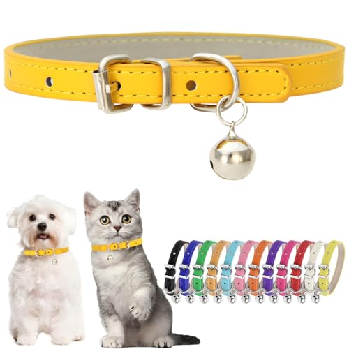 Gold XS Dog Collar with Bell Leather Puppy Collar with Bell Adjustable Buckle Kitten Cat Collars for XXSmall XSmall Tiny Little Extra Small Breed Pets Boys Girls Like Chihuahua, X-Small - color: Gold, size: X-Small (8-10.5 inches)