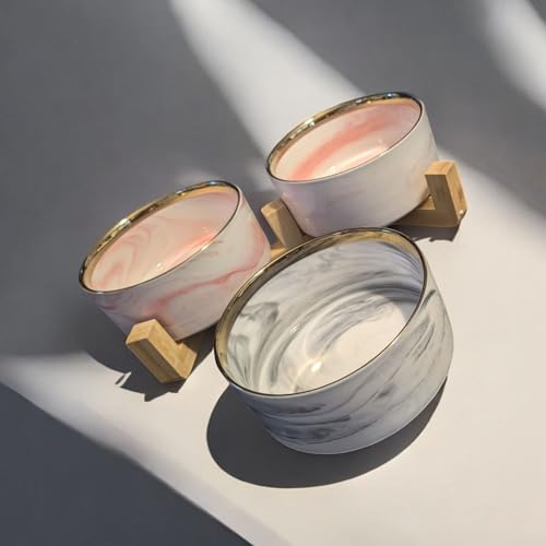 Ceramic Pet Bowl (Marble Design) Set of 2 with Stand, 2 Cups and 4 Cups Capacity (Marble Grey, Gold Rim 950 ML (4 Cups) Medium) - color: 3. M-Marble grey gold, Medium, 4 Cups per bowl
