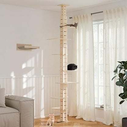 COZIWOW Floor to Ceiling Cat Tree for Large Cats, Cat Tower with Non-Slip Platforms 7 Tier Tall Climbing Pole with Adjustable Height (98-114 Inches) Modern Climbing Tower, Wood, Indoor