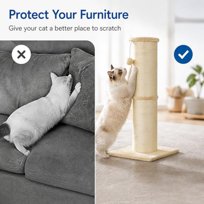 Sisal Cat Scratching Post for Indoor Cats & Kittens, 5.5" Diameter Heavy Duty Vertical Scratcher, 32 Inch Extra Tall Furniture Protector with Stable Base, Beige - color: Cylinder Beige
