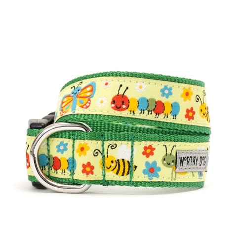 THE WORTHY DOG Everyday Bugs Collar – Comfortable, Durable Nylon Webbing with Woven Ribbon, Strong Quick-Release Buckle & Nickel-Plated D-Ring – Green, X-Large - color: Bugs - Green, size: X Large