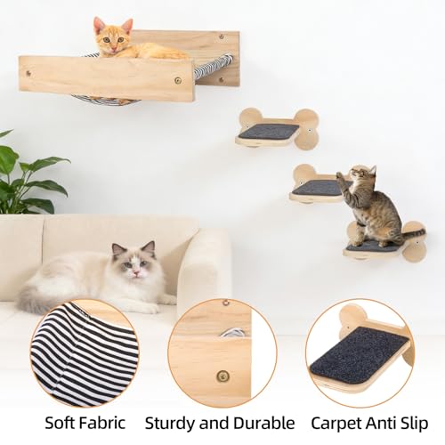Cat Wall Hammock with 3 Steps, Pine Wood Wall Mounted Kitty Bed & Climbing Shelves up to 30lbs, Cat Furniture for Indoor Sleeping and Playing, Space Saving