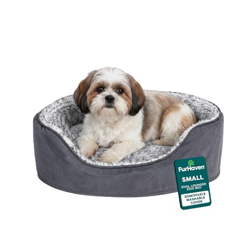 FurHaven Dog Bed for Small Dogs, Oval Lounger with Soft Pillow Cushion Insert for Cozy Comfort, Removable Washable Cover, Small, Faux Fur & Suede, Gray - color: Two Tone Gray, size: Small