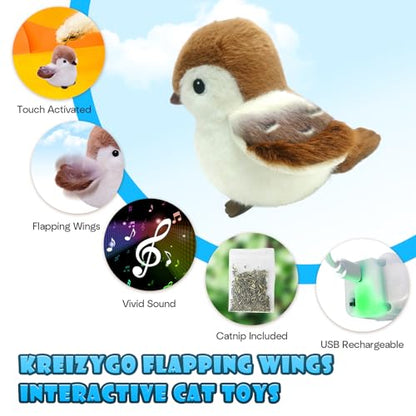 Cat Toys, Flapping Wings Sparrow, No Flying, Chirping Bird Interactive Catnip Toy for Kitten or Small Dogs, Touch Activated, Rechargeable, 3 Modes - color: Smart Sparrow