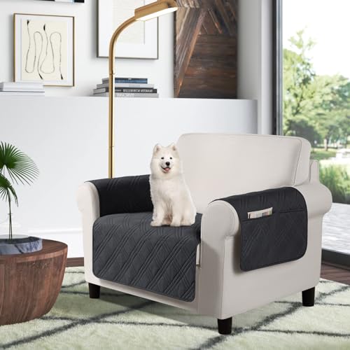 TAOCOCO Waterproof Chair Covers for Pets Dogs with Non Slip Backing, Chair Seat Covers with Side Pocket for 1 Seater Couch Washable Dog Couch Cover Protector Sofa Slipcovers(Chair, Black) - color: Black, size: Chair(Seat Width: 22'')