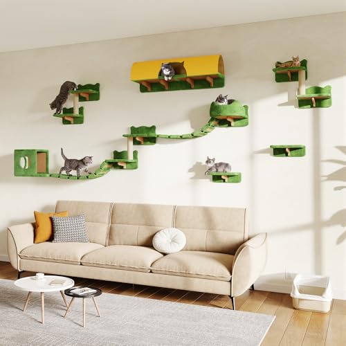 16-in-1 Cat Wall Shelves, Wall Mounted Cats Furniture Set w/Plush Fabric, Cat Climbing Systems, Cats Shelf with 40''L Tunnel, Condos, House, Steps, Bridge Ladder & Scratching Post, Green - color: Green, size: 16-in-1