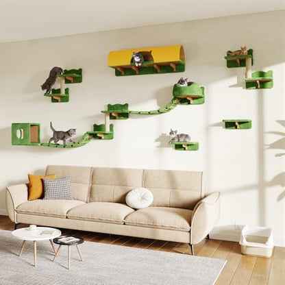 16-in-1 Cat Wall Shelves, Wall Mounted Cats Furniture Set w/Plush Fabric, Cat Climbing Systems, Cats Shelf with 40''L Tunnel, Condos, House, Steps, Bridge Ladder & Scratching Post, Green - color: Green, size: 16-in-1