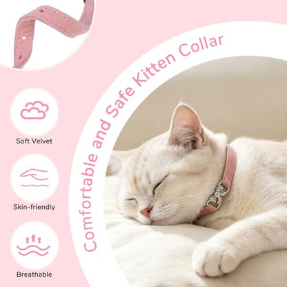 BINGPET Bling Cat Collar with Bells and Safety Belt,Adjustable Soft Velvet Kitten Collar with Diamond Bow,Cute Pink Cat Collars for Girl Cats(Pink, Neck Girth 8"-10") - color: Pink(Bowknot), size: Neck Girth 8"-10"