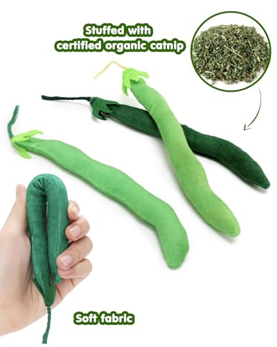 CiyvoLyeen Catnip Toy, Green Bean Cat Toys Kitten Supplies Interactive Kicker Vegetables Vegan Dental Health Teething Chew Gift for Cat Lovers Indoor 4PCS - color: Bean - 4Pcs